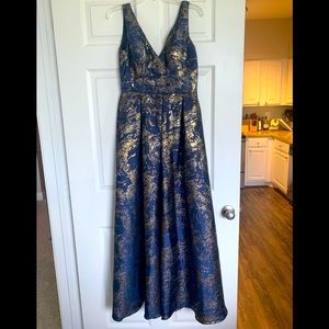 Carmen Marc Valvo Dress | Blue Infusion Metallic Gold Jacquard Gown | Size 8